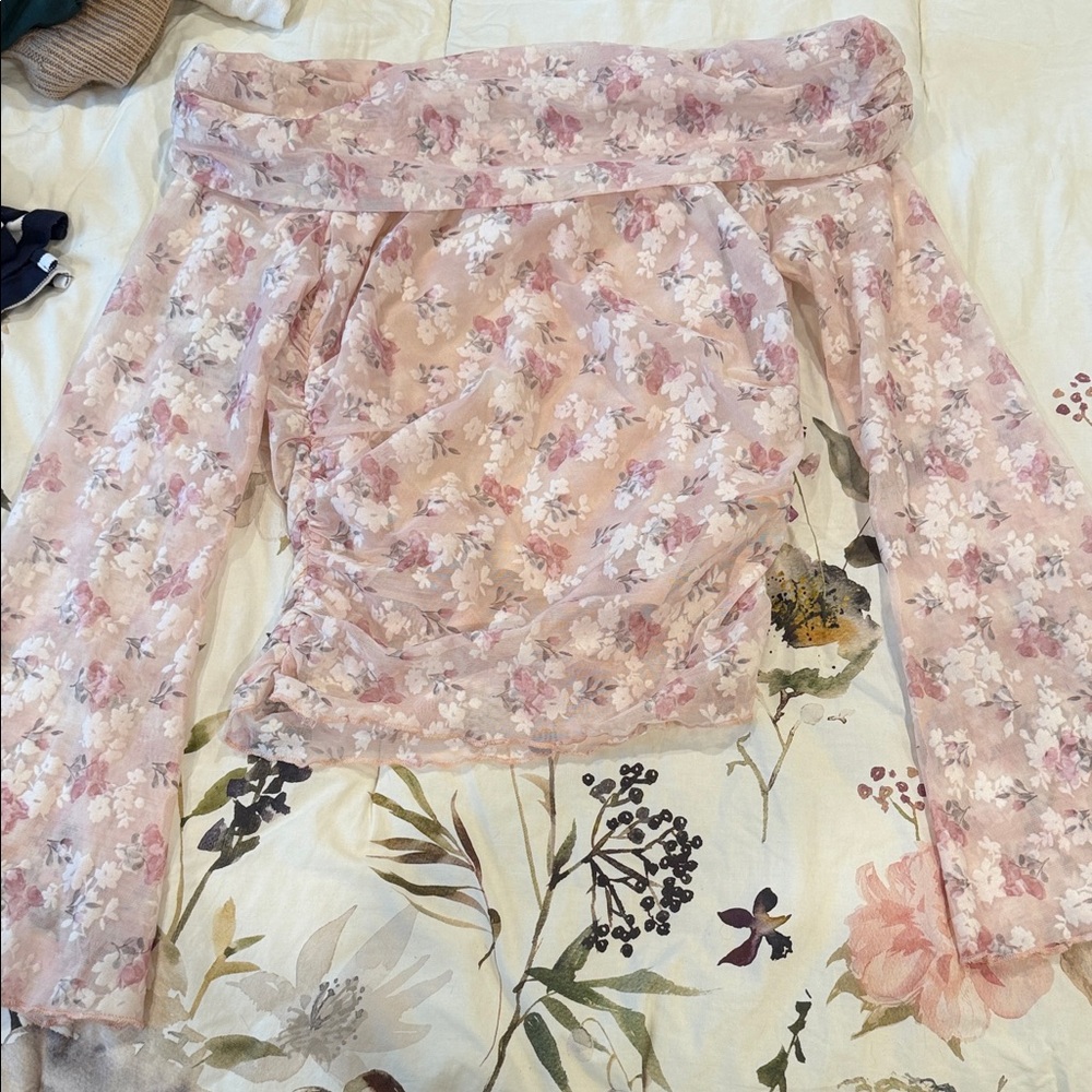Altar'd State Pink and Cream Floral Off-Shoulder Top